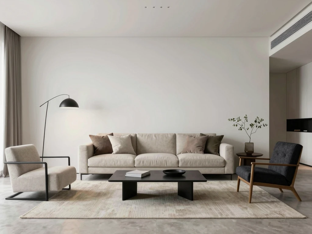 Modernt vardagsrum med minimalistisk inredning