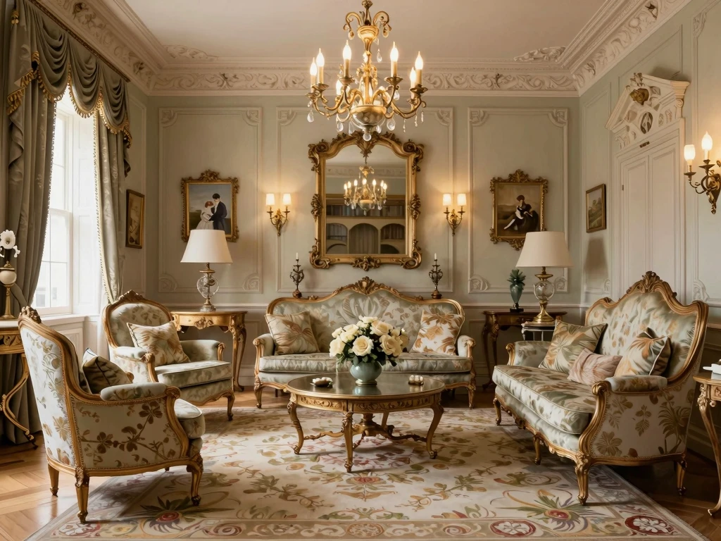 Klassiskt vardagsrum med lyxiga textilier och antika möbler