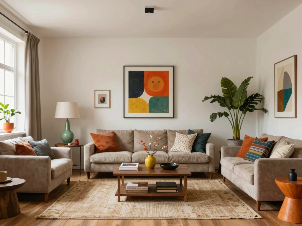 Eklektiskt vardagsrum med blandade stilar och färgglada accenter