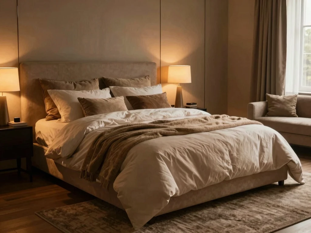 Lyxigt sovrum med mjuka textilier och stämningsbelysning