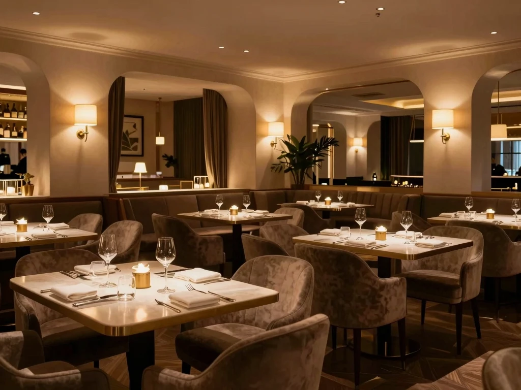 Exklusiv restauranginteriör med stämningsfull belysning