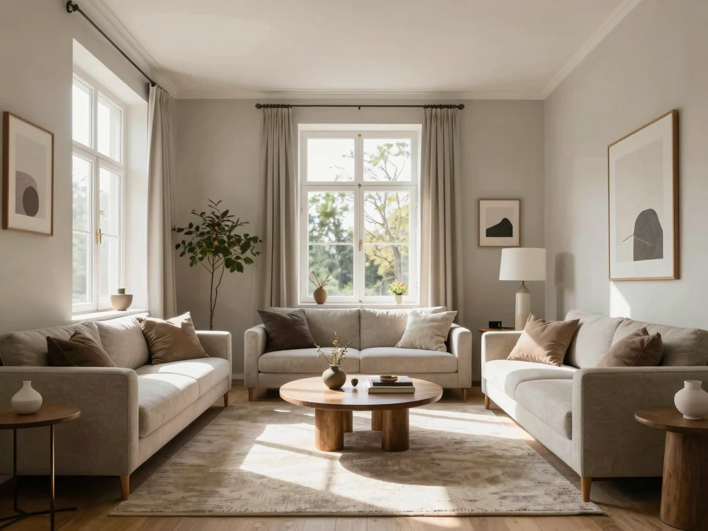 Elegant vardagsrum med skandinavisk design och naturligt ljus